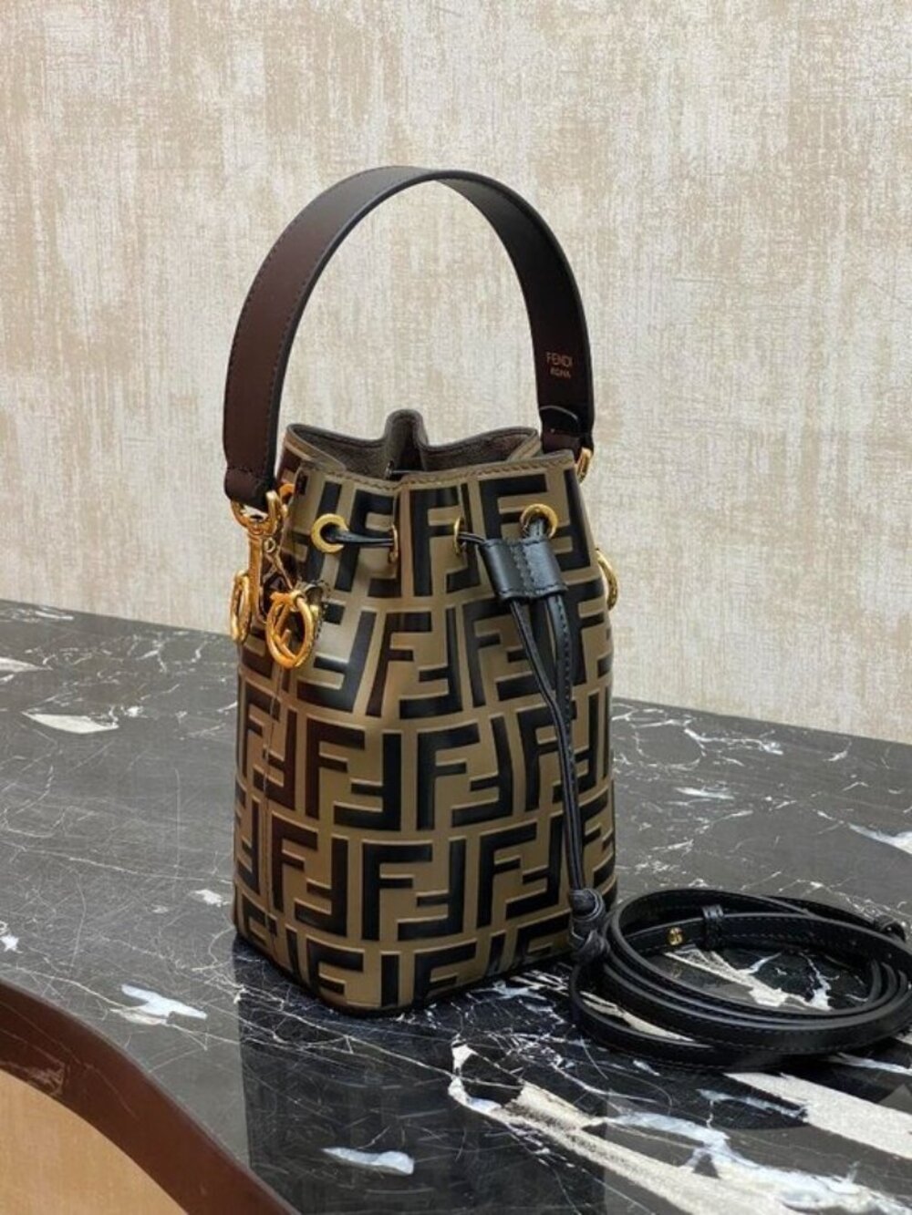 Fendi Mon Tresor Mini Bucket Bag Leather Log Monogram Brown - Picture 3 of 8